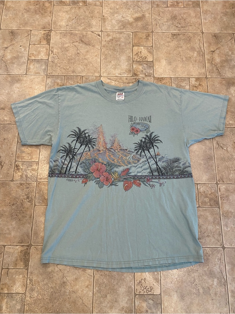 VTG 90s Sansegal Hilo Hawaii Volcanoes Double-sided Light Blue T-shirt Size XL